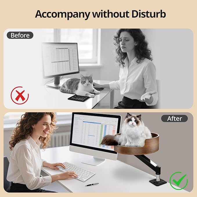 Cat Desk Bed Wood,Desk Cat Bed with 26lbs Strong Load-Bearing,Cats Bed for Desk 360° Adjustable Elevated & Thick Metal Stand,Stable and Safe,Suits Home Office and Gamer Closer to Cats-Walnut Finish