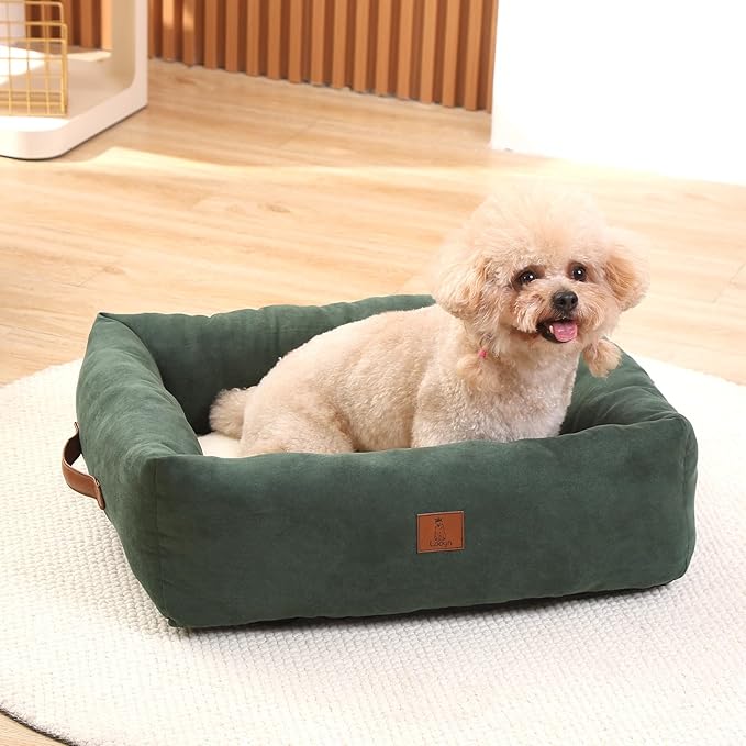 25In Dog Bed for Small Medium Sized Dogs - Washable Rectangle Puppy Bed for Indoor Outdoor, Cozy Pet Bed with Support Pillow & Non-Slip Bottom(Green, Medium)