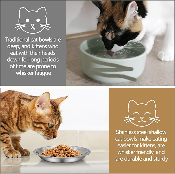 kathson Shallow Stainless Steel Cat Bowls 24 Pcs Whisker Fatigue Cat Dishes Flat Dog Feeding Saucers Pet Food and Water Plate Set for Kitten Puppy and Other Small Animals (6.3 Inch Dia.)