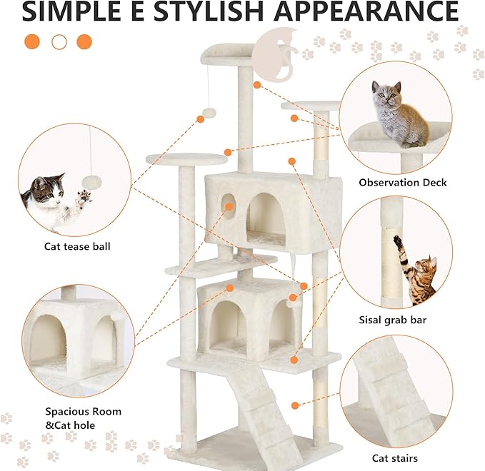 BestPet 62in Cat Tree Tower for Indoor Cats,Multi-Level Cat Furniture Activity Center with Cat Scratching Posts Stand House Cat Condo with Funny Toys for Kittens Pet Play House,Beige