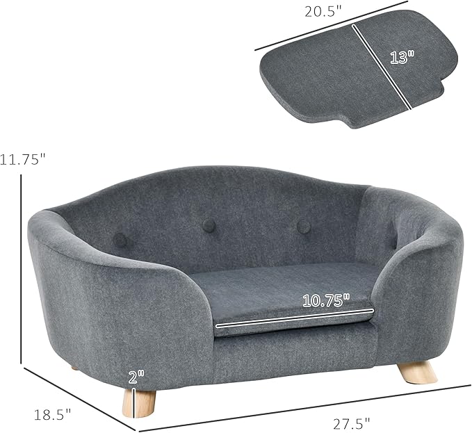 PawHut Dog Sofa, Pet Bed for Mini Dogs, Cat Dog Couch with Washable and Removable Cushion, Waterproof Cover, Gray