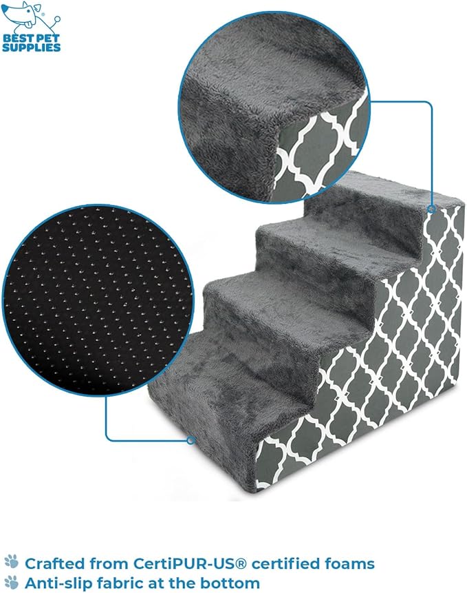 Best Pet Supplies Dog Stairs & Steps - Foam Steps for Small Dogs & Cats, Non-Slip Indoor Balanced Pet Step Support, Dog Ramp, No Assembly, Gray Lattice Print, 4-Step (18-inch Height)