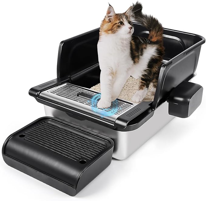 Stainless Steel Litter Box XXL, Extra Large 23.6“L x 15.8”W x 11.8" H High Sided Metal Cat Litter Box with One-Piece Scoop, Filter Pedal, Garbage Bags & Storage Box, Easy Cleaning (Black)