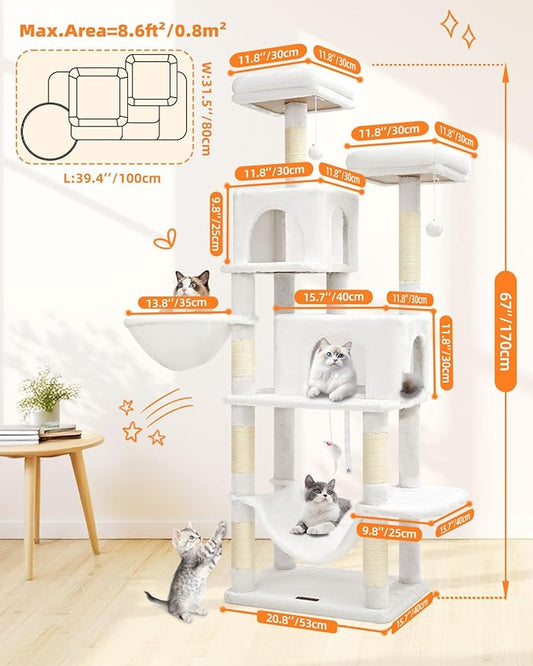 Taoqimiao Cat Tree, 66.2-Inch Cat Tower for Indoor Cats, Plush Multi-Level Cat Condo with 12 Scratching Posts, 2 Perches, 2 Caves, Hammock, 2 Pompoms, Cream White MS013C