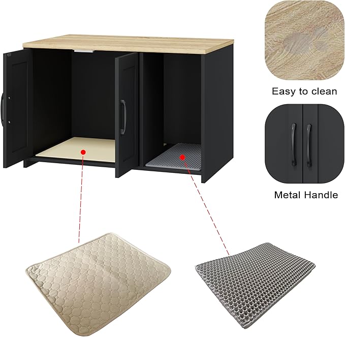 Cat Litter Box Enclosure, Hidden Litter Box Furniture with 2 Doors,Wooden Cat Washroom Indoor, Freestanding Cabinet for Living Room,Hallway,Black