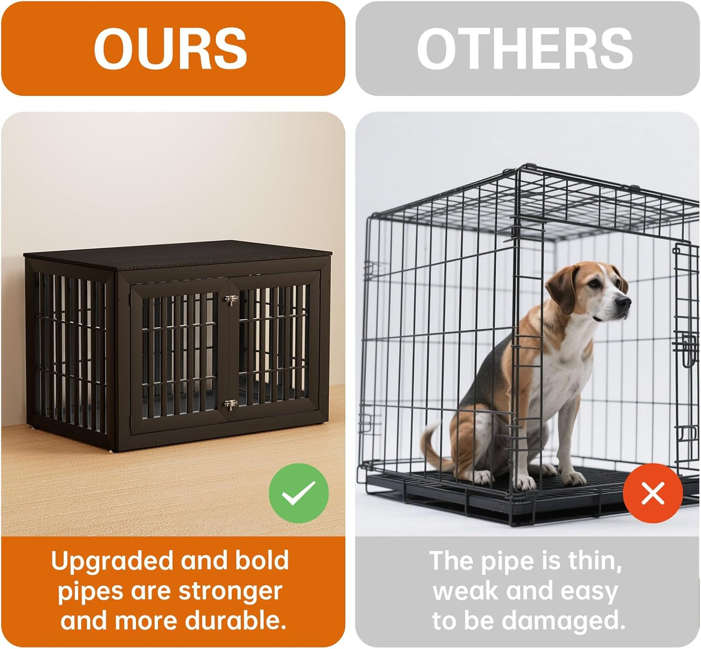 48" Heavy Duty Dog Crate Furniture for Small,Medium and Large Dogs,Rustic Wooden Dog Cage Kennel Indoor Furniture with Waterproof Top,Decorative Pet House Side End Table (Black)