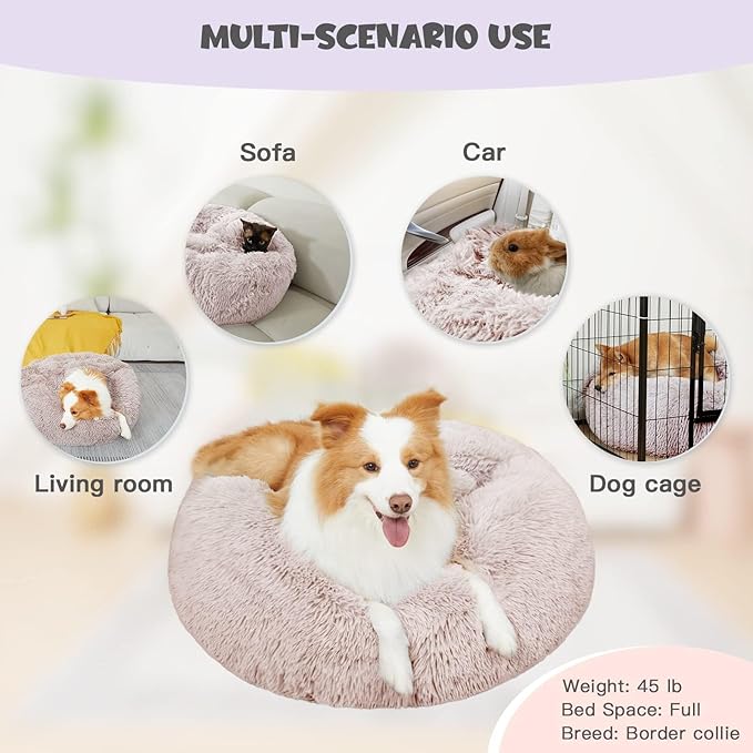 Himax Dog Beds for Large Dogs, Donut Dog Bed with Blanket Attached, Calming Dogs Beds Washable (20"/26"/35") Beige