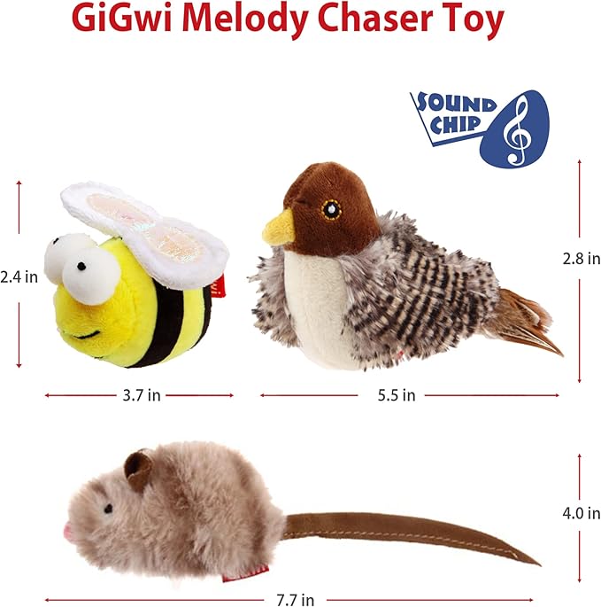 Gigwi Interactive Cat Set - Squeaky Feather Toys for Indoor Cats, 3PCS Plush Pack Including Mouse Hunt, Chase Bird, and Chirping Bee