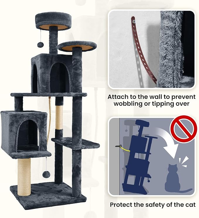 58.5inch Large Cat Tree Tower Condo for Indoor Cats, Soft Plush Multi-Level Climbing Tree Cat House, Scratching Post, More Entrance/Exit, Sisal Rope, Black Grey