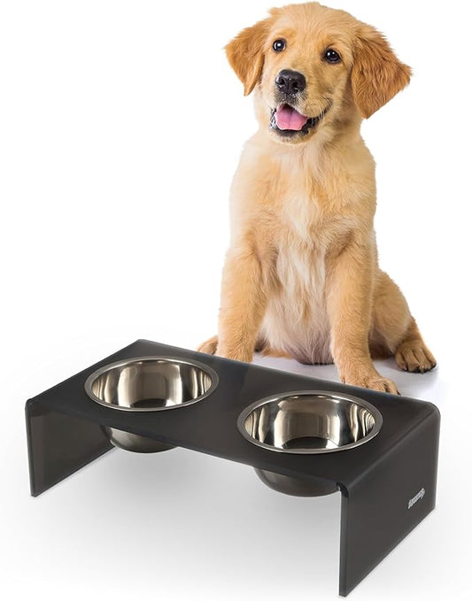 THE LICKER STORE DBL2000J Keaton 5" Small/Medium Modern Acrylic Rectangular Elevated Pet Feeder with 20oz 2-Stainless Steel Bowls, Dark Gray/Chrome