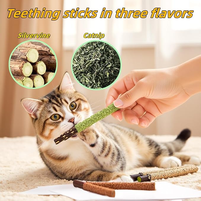 Cat Toys 12PCS Catnip Toy for Indoor Kitten Treat Cats Chew Stick for Dental Cleaning Teeth Kitten Silvervine Rope Kitty Feather Snack for for Kick Molar Scratch Self Play Interactive Boredom