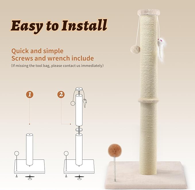 36 Inch Tall Cat Scratching Post – Sisal Cat Scratcher for Indoor Cats, Large Vertical Scratch Post, Sturdy Cat Scratch Pole Tower, Modern Cat Furniture for Kittens & Adults (Beige)