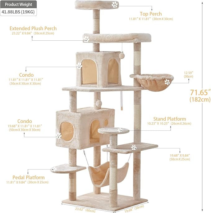 Cat Tree 71.6 inches Cat Tower for Indoor Cats, Multi-Level Cat Condo Furniture with Scratching Posts Plush Perches, Activity Center with Cozy Basket & Hammock for Large Cat,Beige