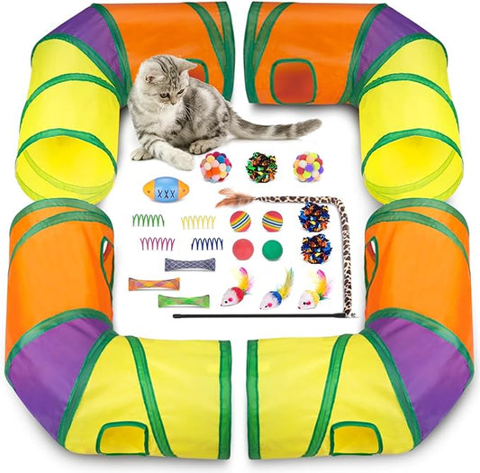 Retro Shaw Cat Tunnels with Cat Toys Pack, Interactive Kitten Toys for Indoor Cats Kitty, Kitten Tube Tent Feather Wand Teaser Bell Fuzzy Ball Springs Mouse (25 Pcs Extra Large Cat Tunnel Toys Set)