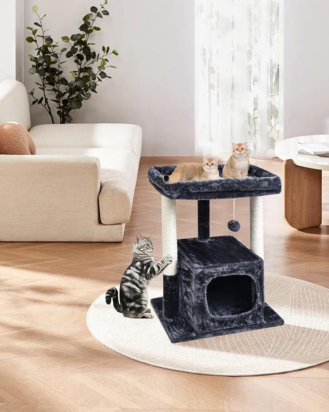 SYANDLVY Cat Tree for Indoor Cats Large Adult, Modern Activity Tower with Scratching Posts, Condo with Plush Perch, Climbing Stand with Spring Ball for Play, Smoky