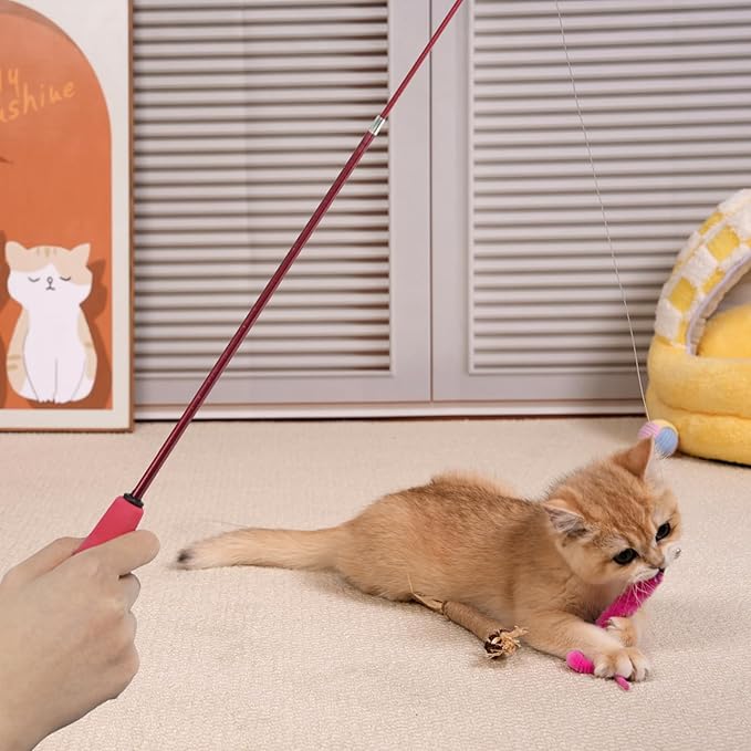 12-Pack Cat Wand Toys with Silvervine Sticks & Feather Refills – Interactive Adjustable Fishing Pole Toy for Indoor Cats, Bell & Elastic String – Durable Kitten Toys