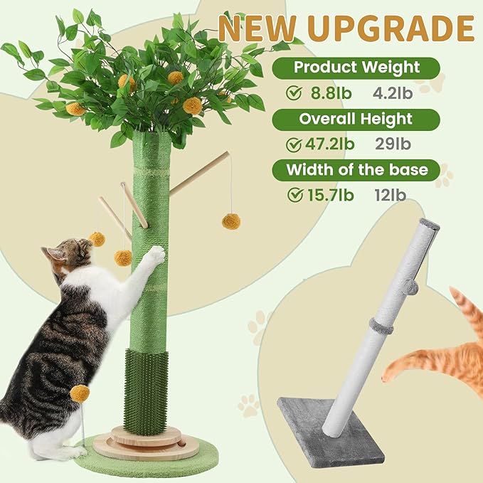 Cat Scratching Post for Indoor Cats Adults, 45 Inch Tall Cat Scratcher with Sisal Rope, Large Cats Scratching Posts with Hanging Ball for Kittens and Medium Large Cats