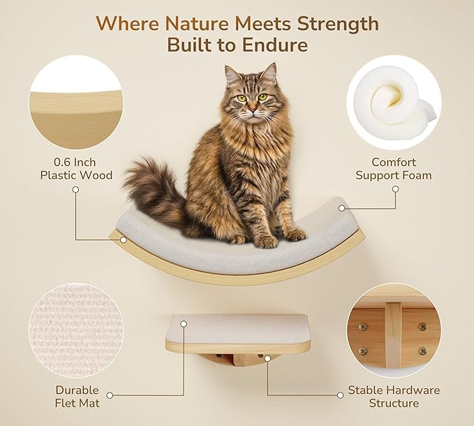Wood Cat Wall Shelf with Soft Foam Cushion, Curved Cats Wall Bed for Large Cats, Floating Cat Perch for Sleeping & Climbing