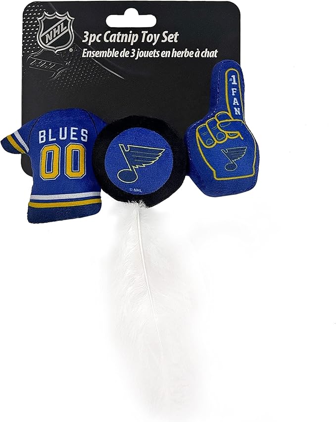 Best Plush CAT Toy NHL ST Louis Blues Complete Set of 3 Piece Cat Toys Filled with Fresh Catnip. Includes: 1 Jersey Cat Toy, 1 Hockey Puck Cat Toy with Feathers & 1#1 Fan Cat Toy. Beautiful Team Logo