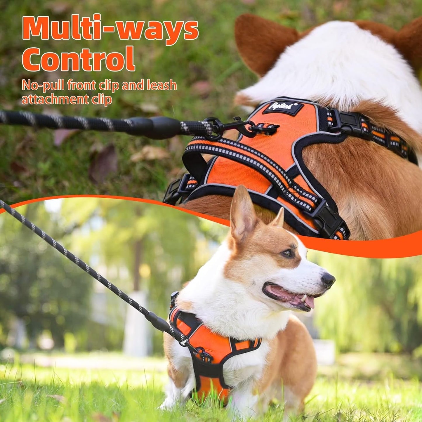 PUPTECK No Pull Dog Harness for Large, Adjustable Reflective Dog Harness with Handle Easy Control, Comfortable Soft Padded Pet Vest Harness for Extra Large Dogs, Orange XL