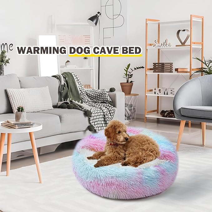 Cat Bed for Indoor Cats, Calming Cozy Cave with Self-Warming Plush, Entire Bed Machine Washable & Anti-Slip Base, Breathable Pet Bed for Small Cats&Dogs All Seasons (Dazzling Colors, 20 * 20inch)
