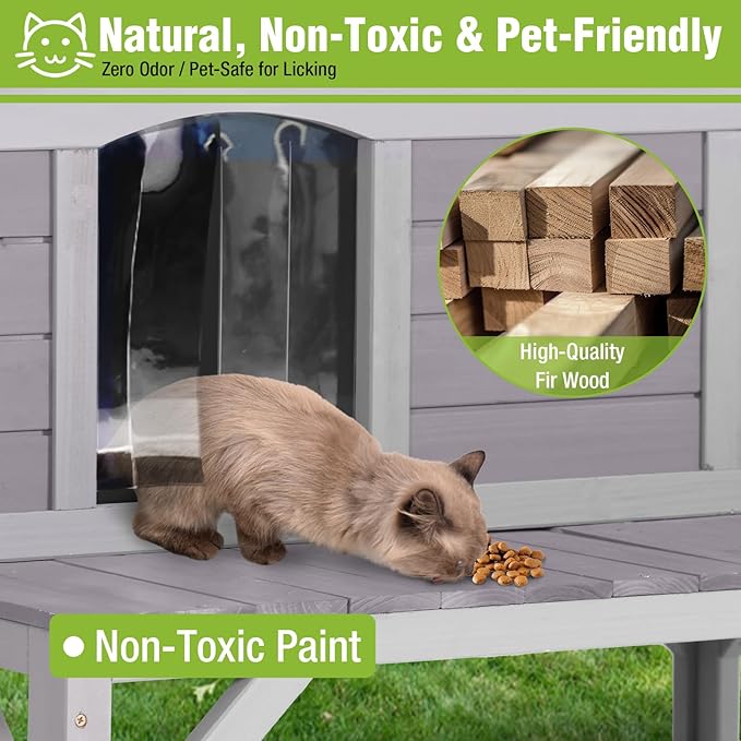 GUTINNEEN Outdoor Cat House Weatherproof with 3 Entry Doors, Elevated Base & PVC Curtain, Indoor/Outdoor Kitty Shelter for Small-Medium Pets