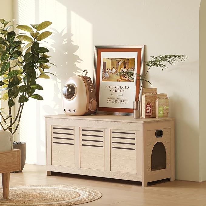 DINZI LVJ Litter Box Enclosure, Flip Top Litter Box Furniture, Hidden Cat Washroom, Wooden Cat House, End Table, 39.4" L x 19.7" W x 19.7" H, Good Ventilation, Easy to Assemble, Natural