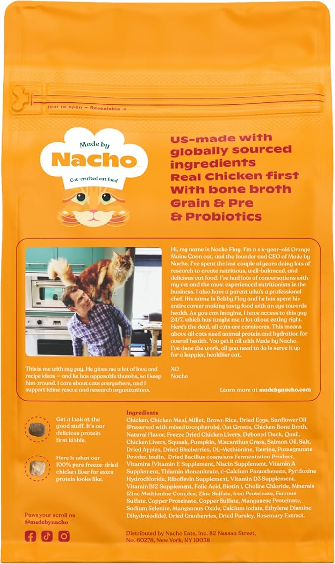 Made by Nacho Dry Cat Kibble 2lb Bag, High Protein Premium Cat Food with Freeze-Dried Pieces, Cage-Free Chicken, Duck & Quail, Limited Ingredients, Single Bag