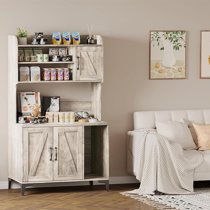 Large Cat Litter Box Enclosure Furniture with 3 Open Shelves and Storage Cabinet, Farmhouse Cat House Washroom with Scratch Pad, Modern Wood Pet House Side End Table for Livingroom Bedroom