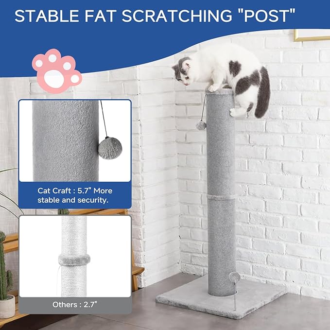 Cat Scratching Post Carpet Scratching Post 40" for Indoor Cats, Tall Cat Scratch Post, Carpet Cats Scratcher with Replaceable Toys, Sturdy Base, Large, White Gray