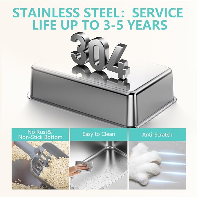 XL Stainless Steel Litter Box with Lid - 23.7"×15.7"×10.6" High Sided Metal Tray for Big/Multi-Cats, Anti-Leak Easy Clean Scoop & Foot Mat (Grey)