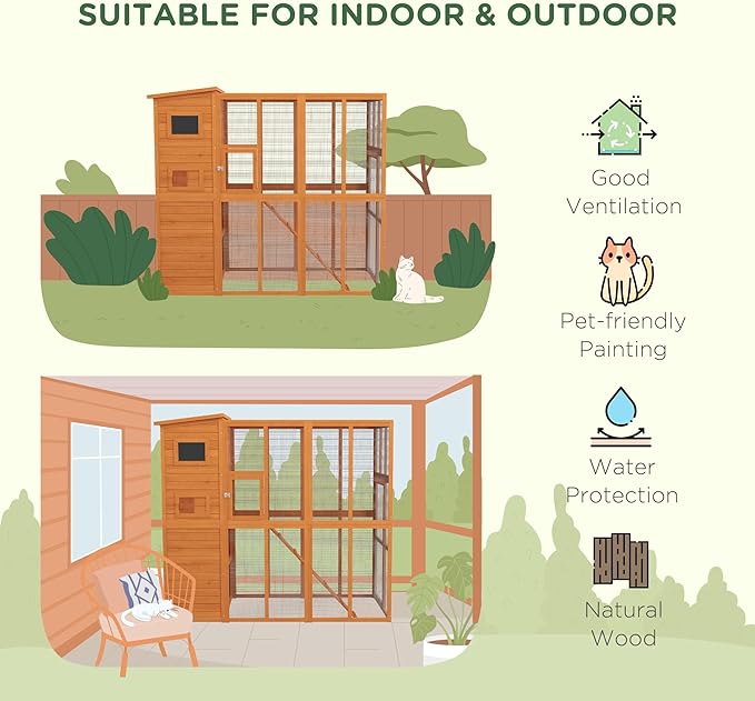 PawHut Catio Outdoor Cat Enclosure, Wooden Cat Patio with Platforms, Waterproof Asphalt Roof, Ramps, 77" L, Natural