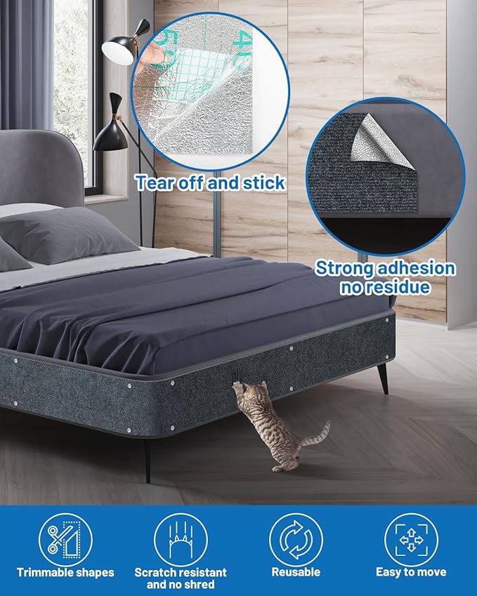 Cat Scratch Couch Furniture Protector, 78.7" x 15.8" Self-Adhesive Cat Scratch Mats, Trimmable DIY Cat Scratcher Pads for Wall, Couch Corner, Cat Tower and Replacement Pads (Gray)