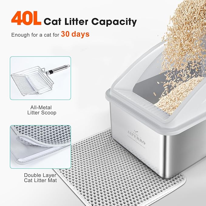 Stainless Steel Litter Box | XXL Deepened 8" Design Enclosed Cat Litter Box with Lid for Big Cats | High Sided, Anti-Urine Leakage | Non-Stick Bottom & Includes Litter Mat & Metal Scoop