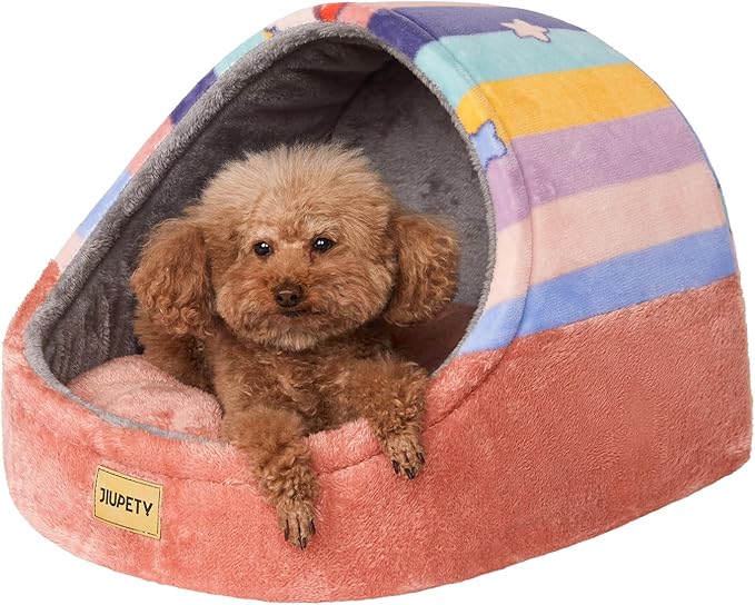Jiupety Cute Cat Beds for Indoor Cats, Cat Cave Bed for Kittens, Hideaway Cat House for Cats & Small Dog with Anti-Slip Bottom, Washable Removable Cushion, L(19"x17"x16"), Rainbow