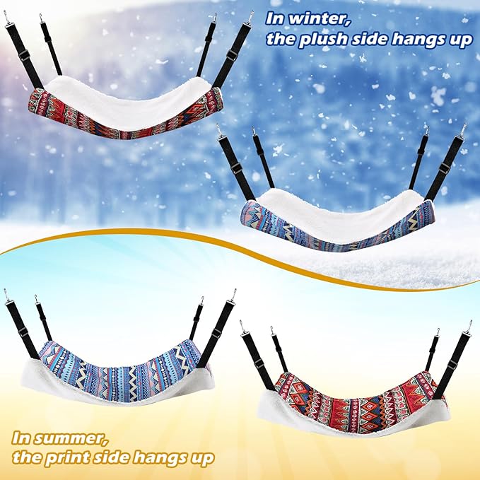 2 Pieces Reversible Cat Hanging Hammock Soft Breathable Pet Cage Hammock with Adjustable Straps and Metal Hooks Double Sided Hanging Bed for Small Dogs Rabbits(Ethnic Pattern,L)