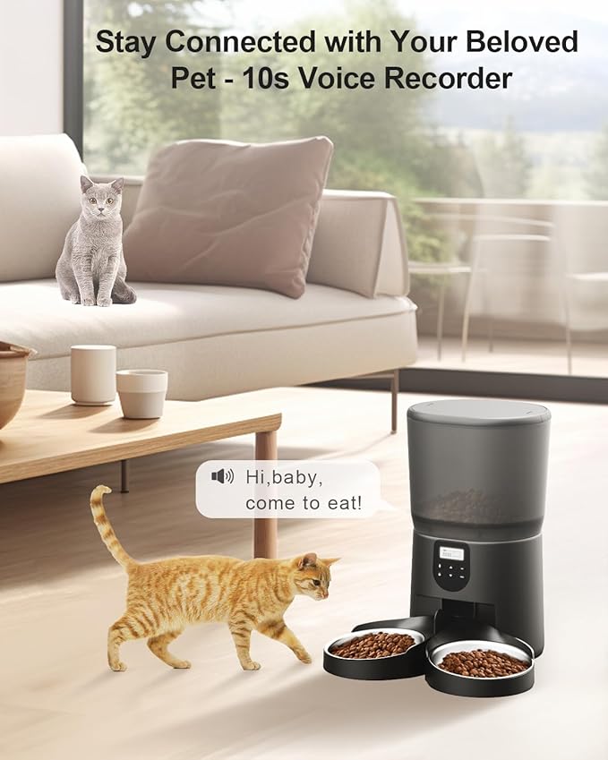 Automatic Cat Feeders for 2Cats, 6L/25cup Automatic Cat Food Dispenser with 2 Stainless Pet Bowls,10s Meal Call Timer Setting 20 Portions 6Meals Per Day, Timed Pet Feeder for Cats Dog Indoor Dry Food