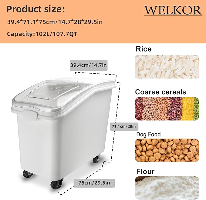 Ingredient Storage Bin,26 Gallon Dispenser Bin with Scoop for Dry Food, Sugar, Baking Supplies,Kitchen Rice Cereal Flour Bin,BPA Free,Pet Food Storage Container,Dog Cat Birds Food (26 Gallon)