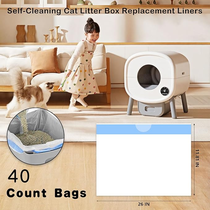 40-Pack Heavy Duty Cat Litter Box Liners for Fsitego & Fumoi Self-Cleaning Litter Boxes, Extra Thick Automatic Litter Box Bags, with Drawstring and Leakproof Cat Litter Bags