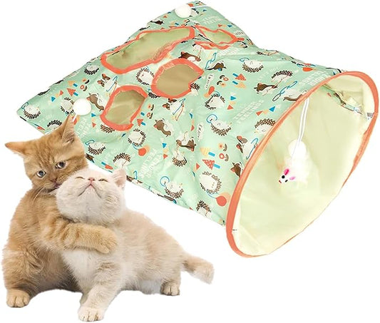 SYCOOVEN Cat Tunnel Bag for Indoor Cats, Pet Collapsible Tunnel Crinkle Sack Bag with 1 Little Mouse & Toy Ball, Crinkle Paper Interactive Cat Toys Hide and Seek(Green Pattern)