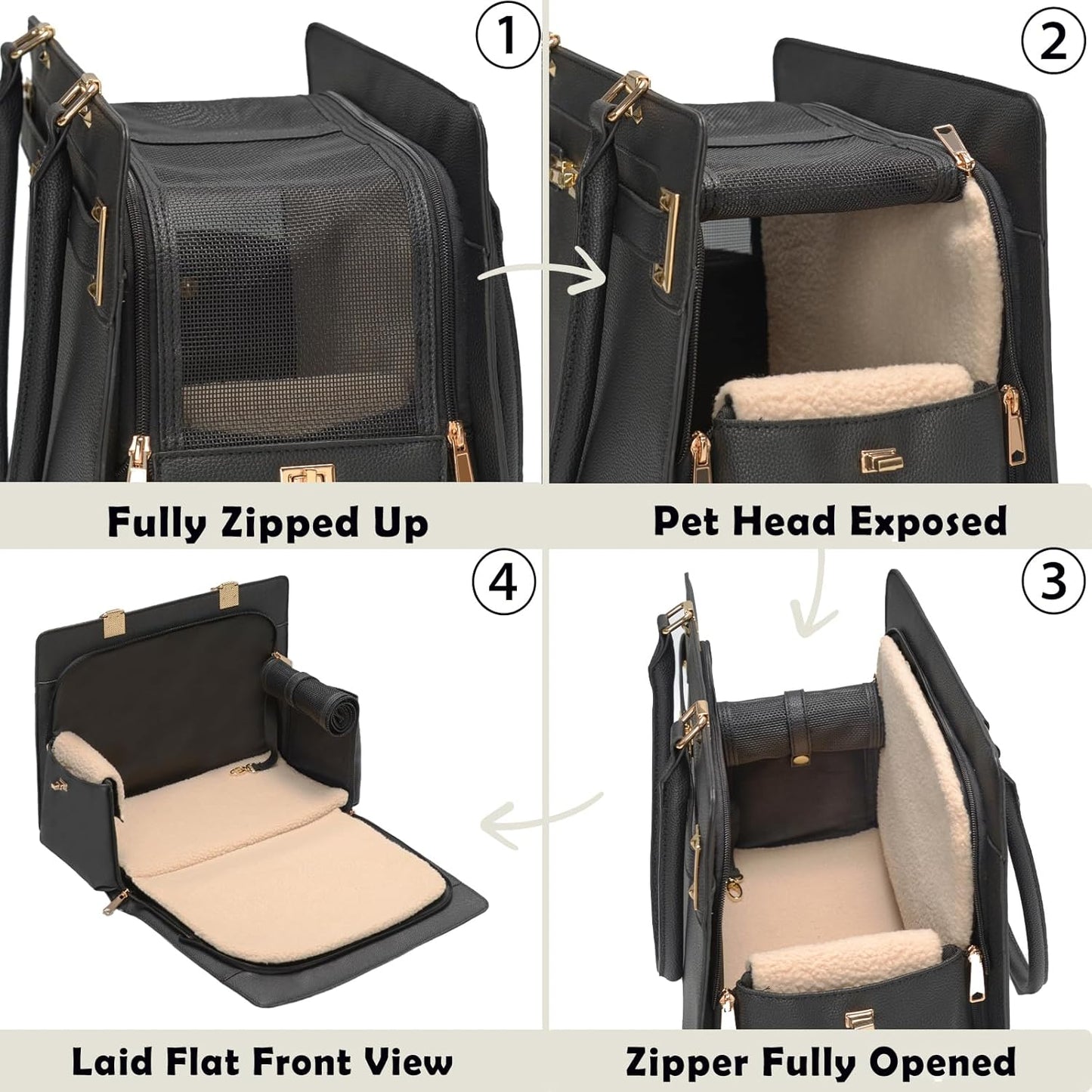 2-in-1 Stylish Dog Purse Carrier Soft-Sided Carriers Travel Tote Bag for Small Dogs Cats, Fashion Foldable Pet Bag for Puppies Small Animals with Pockets (Black, 15" L x 7.5" W x 12.2" H)