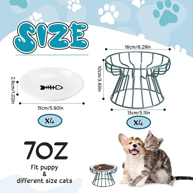 Roshtia 4 Sets Elevated Cat Bowls Ceramic Raised Cat Food Bowls with Metal Stand Dishwasher Safe Dishes Non Slip Elevated Food Plate(Black, Green,Fishbone, Paw)