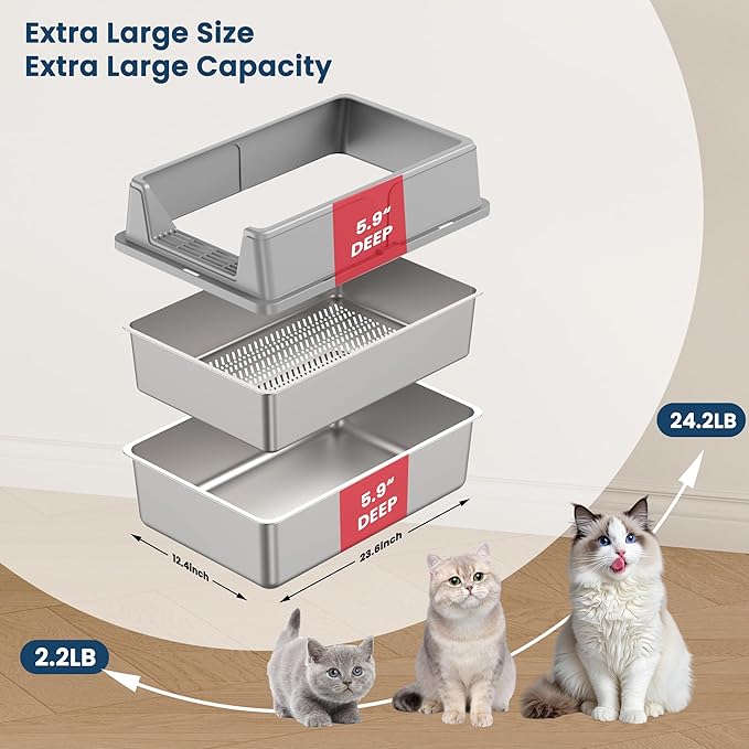 23.6" x 15.7" x 11.8" TIUUBT Stainless Steel Sifting Litter Box for Pine Pellets, Large Sifting Cat Litter Box with Sifter, High Side for Big Cats, Anti-Leakage, Odor Control, Includes Scooper