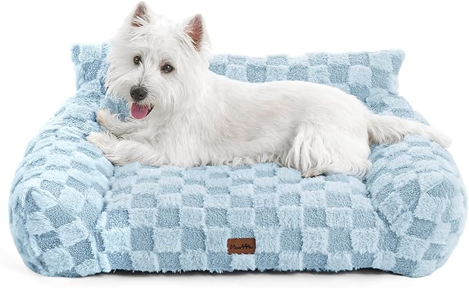 MADE 4 PETS Cat and Dog Couch Bed, Soft Faux Fur Checkered Pet Sofa, Cozy Fluffy Pet Sofa with Supportive Foam, Removable Washable Cover with Non-Slip Base, Blue, Medium