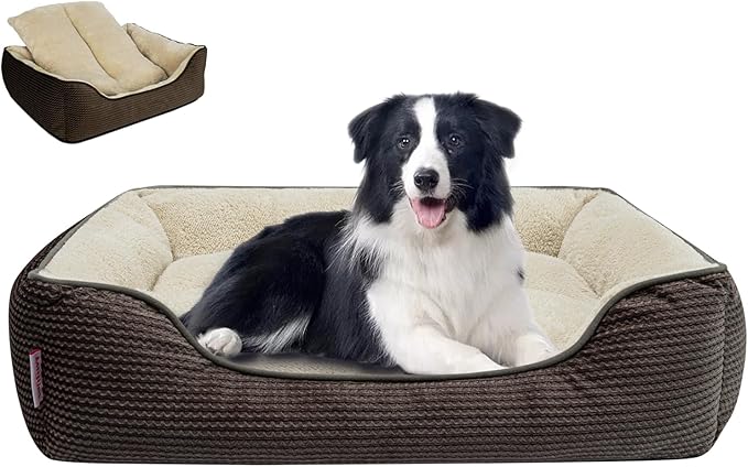 Miguel Dog Bed with Removable Cushion/Pillow for Medium Small Dogs, Washable Pet Bed with Side Easy to Wash Puppy Bed, Large Rectangle Cat Bed for Indoor Cat with Anti-Slip Bottom, Brown 35 Inch
