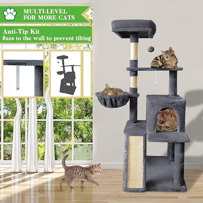 57" Cat Tree Tower for Indoor Cats, Multi-Level Cat Tower Condo with Sisal Scratching Post (Dark Gray)