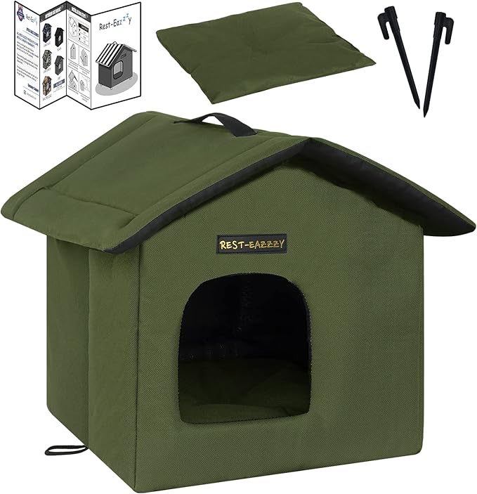 Rest-Eazzzy Cat House for Outdoor Cats, Weatherproof and Insulated Feral Cat House with Mat and Clip, Easy to Put Together, Selfwarming Cat Shelter for Winter(Olive Green, Canopy House X 1)