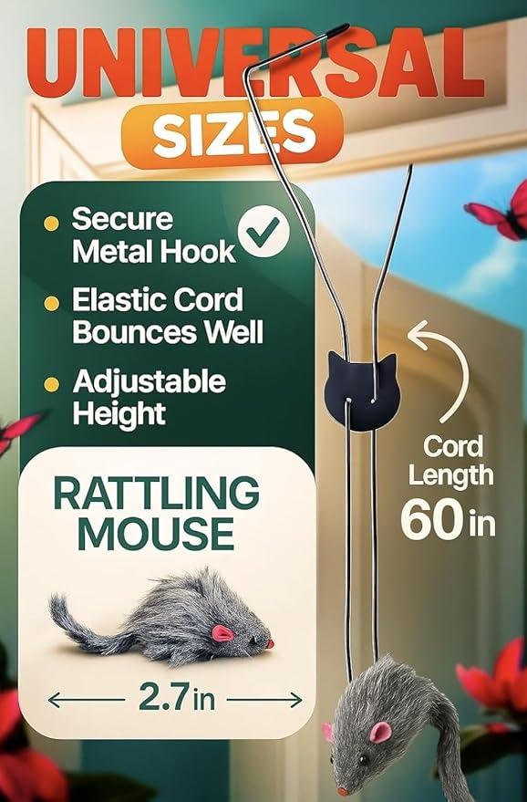 Self Play Hanging Door Cat Mouse Toy - Interactive Cat Toys for Indoor Cats - Fun Hunting Exercise for Bored Adult Cats & Kittens - Top Hanging Cat Toy for Indoor Play