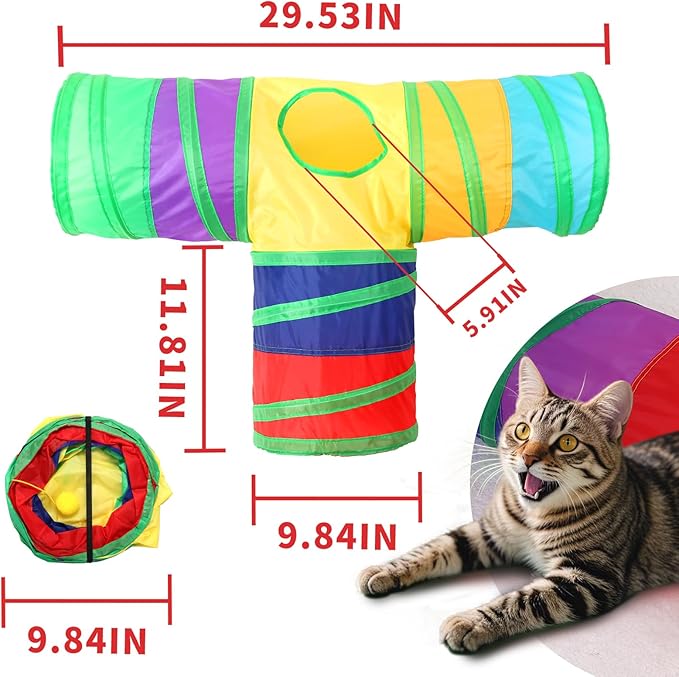 ‌Coolcandy Cat Tunnel & Interactive Cat Toy Indoor, T-Shape 3-Way Tunnel Toys for Indoor Cats, Collapsible Interactive Peekaboo Cave with Play Ball, for Multi-Way Play & Small Animals