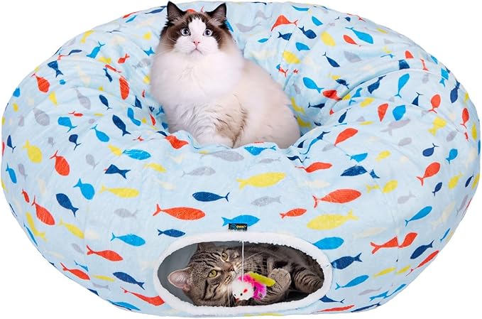 Ownpets Large Cat Tunnel Bed for for All Seasons, S-Shaped Soft Cat Donut Tunnel with Washable Cushion, Round Pet Pet Play Tunnel Toy for Kitten, Puppy, Rabbit, Blue